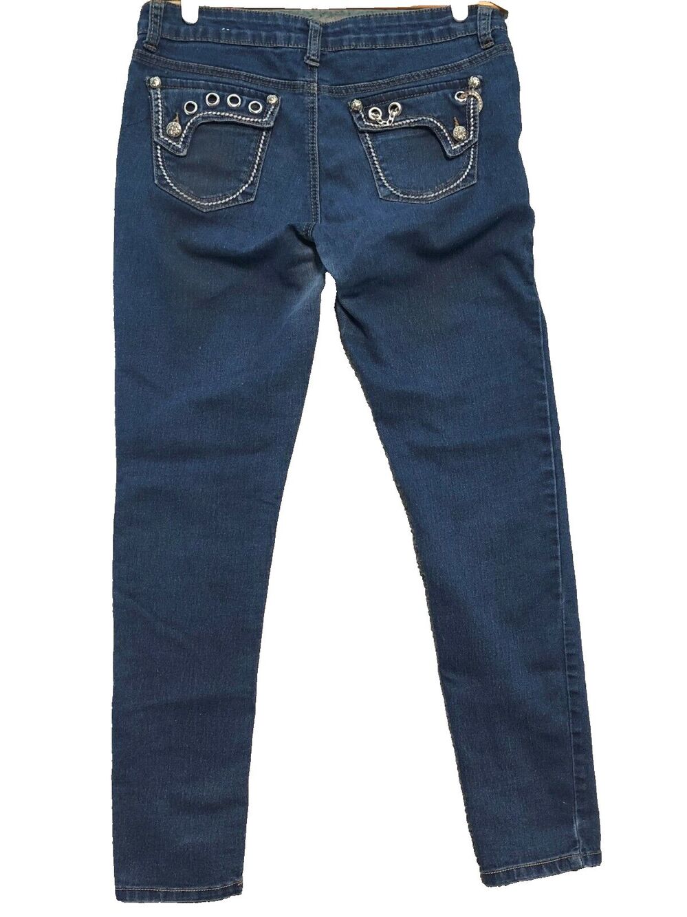 South Pole Women's Jeans Sz 11 Embellished Grommets Chains Stretch Tapered Legs
